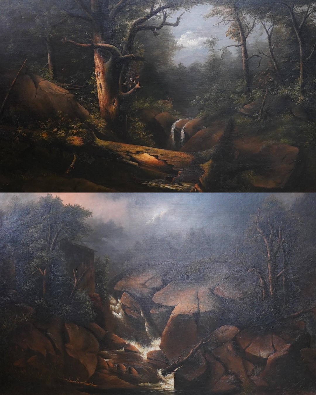 Amy Rainey, pair of oils on canvas, Woodland waterfalls, signed and dated 1885, ornate gilt framed, 90 x 135cm. Condition - good, relined